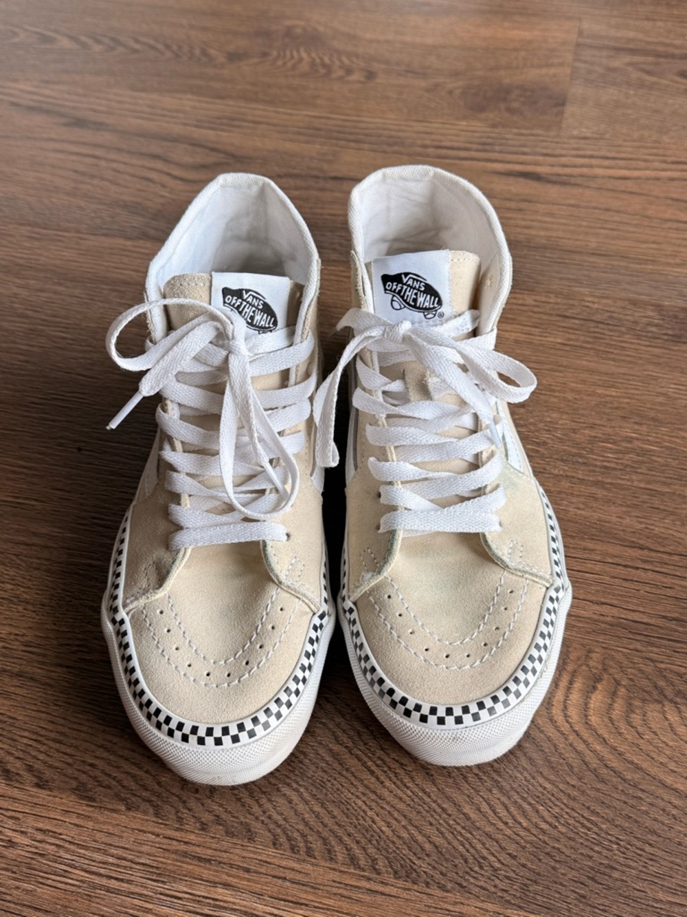 Vans Hi-Top Sneakers with Checkered Trim - Cream/White/Black